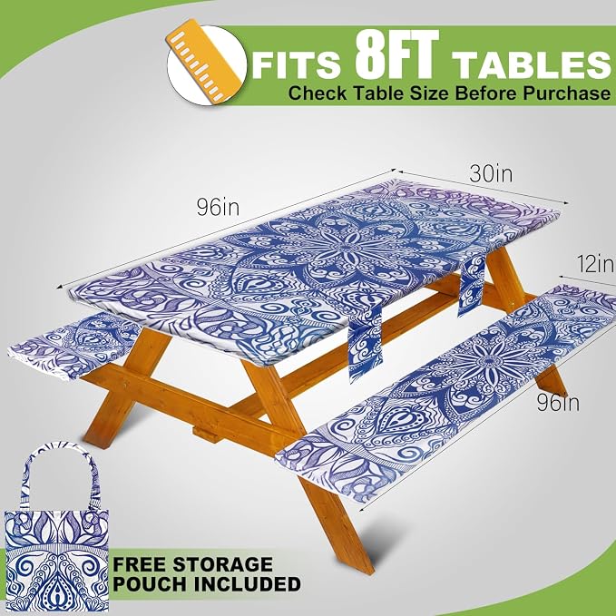 Wrakus Picnic Table Cover with Bench Covers Vinyl Elastic Edges Fitted Rectangle Seat Tables Waterproof 3-Piece96X30in Set Outdoor Rectangular Folding Backing Tablecloth for Camping Over Size