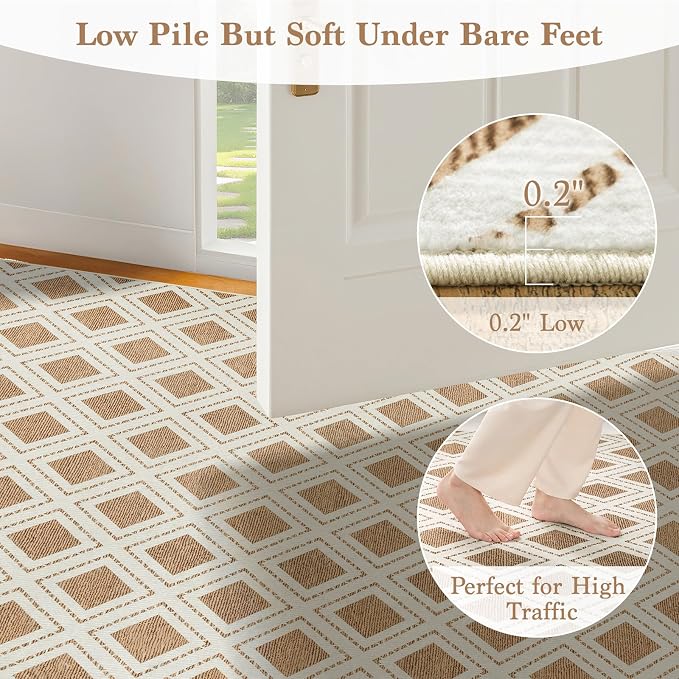 LBRO2M Machine Washable Rug Soft Pet Friendly Carpet 8X10 Brown | Checkered Rug 8X10 for Living Room, Bedroom, Dining Room, Home Office, Non Slip Carpet, Foldable Stain Resistant Rugs