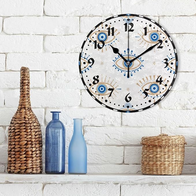 Evil Eye Wall Clock, Silent Non Ticking 10 Inch Battery Operated Wall Clocks, Easy to Read Clock for Home Kitchen Living Room Bathroom Office Decor