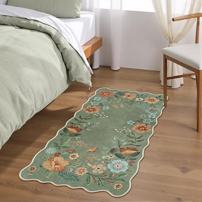 Lahome Floral Rugs for Entryway, 2x4 Washable Kitchen Rugs Ultra-Thin Soft Rug, Non Slip Indoor Door Mat Stain Resistant Boho Small Throw Carpet for Bathroom Bedroom Flore (2x4ft,Green)