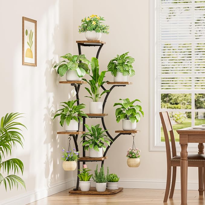 Corner Indoor Plant Stand With Grow Lights, 8 Tier, 52.6" Tall | Plant Shelf, Flower Holder, Display Rack,Heavy Duty Anti-rust Iron Pipes, Water-resistant & Anti-corrosive Wood, Auto Timer