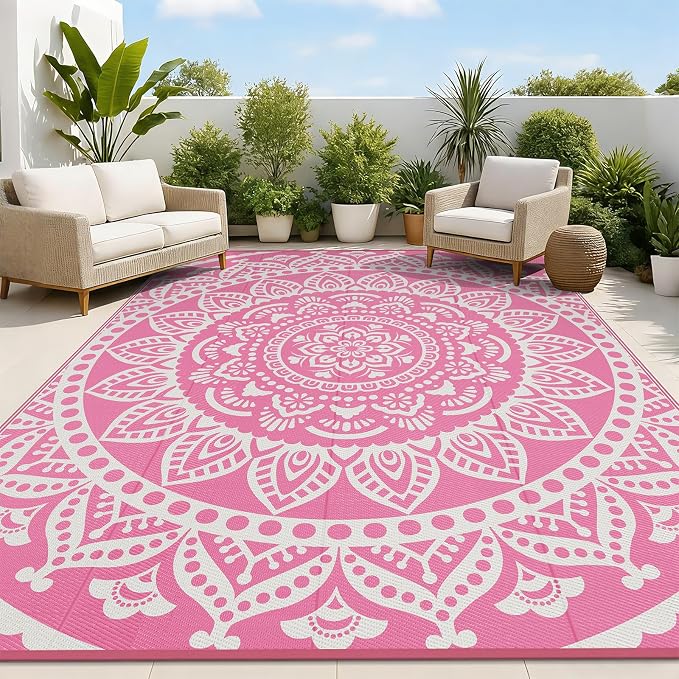 Bsmathom Waterproof Outdoor Rug 8'x10' Reversible Boho Plastic Straw Patio Deck Camping Rugs, Indoor Outdoor Portable RV Mat Clearance Carpet for Outside, Porch, Balcony, Backyard, Beach, Pool,Pink