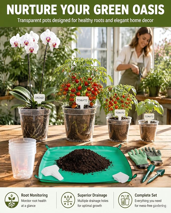 10/8/6/4 Inch Sizes Large Clear Nursery Pots with Drainage -16 Pack Plastic Plant Pots with Garden Tools & Labels, Seedling Pots for Transplanting Succulents Flowers Herb Vegetables