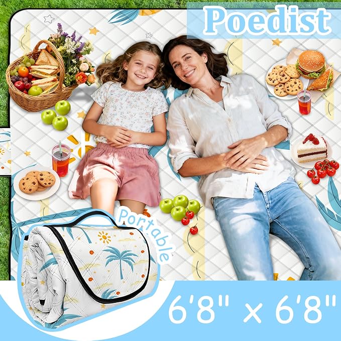 Extra Large Picnic Blanket Waterproof,80"x 80"Foldable Machine Washable Beach Blanket,Outdoor Blanket for 6-8 Adults,Suitable for Indoor Crawling,Park Beach,Camping,Hiking,Family Travel(Island)