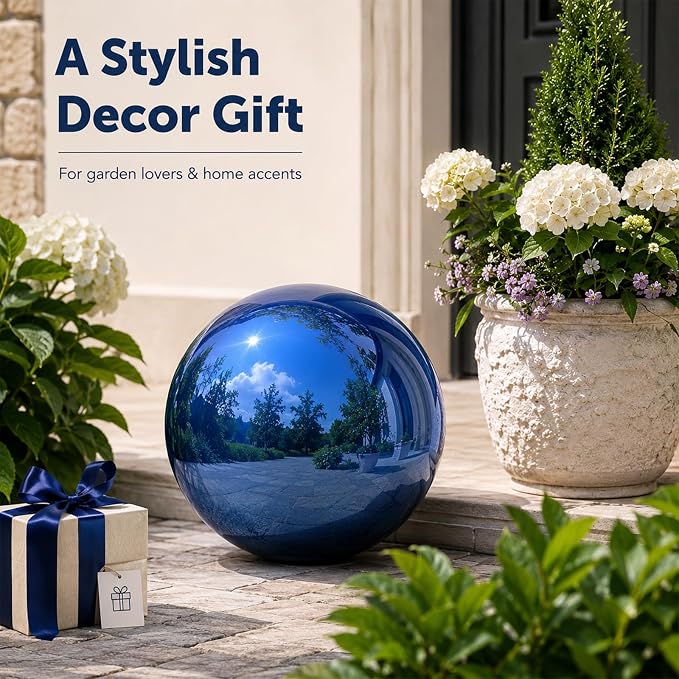 Gazing Ball Garden Mirror Outdoor - 12 Inch Outside Decorative Globe, Blue | Metal Polished Reflective Sphere, Stainless Steel Hollow Decoration Ornament for Home Pond Swimming Pool Housewarming Gift
