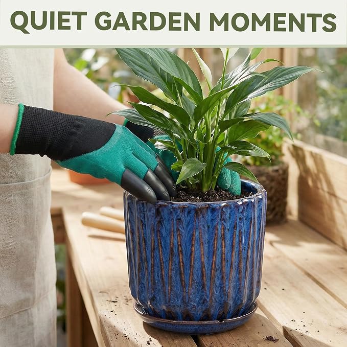7.5 Inch Ceramic Planter Pot with Saucer Drainage Leak-Proof Mesh,Flower Pots for Indoor Plants with Gardening Gloves,Ceramic Planter(Peacock-Blue)