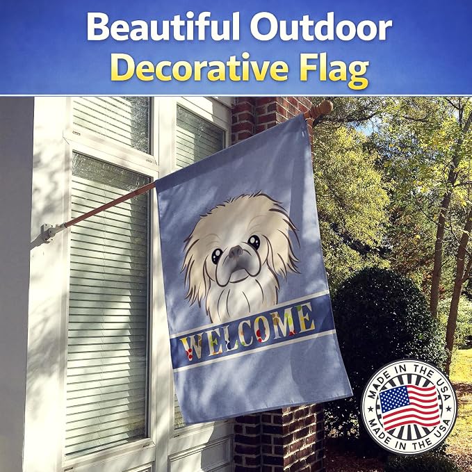 Caroline's Treasures BB1407CHF Pekingese Welcome House Flag, Blue Large Porch Sleeve Pole Decorative Outside Yard Banner Artwork Wall Hanging, Polyester, House Size, Multicolor