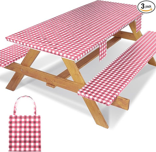 Jobunai Fitted Picnic Table Cover with Bench Covers Elastic Waterproof Outdoor Camping Tablecloth for 6 Foot Rectangle Tables Camper Summer Accessories Rv Car Essentials Vacation Gifts for Men Women