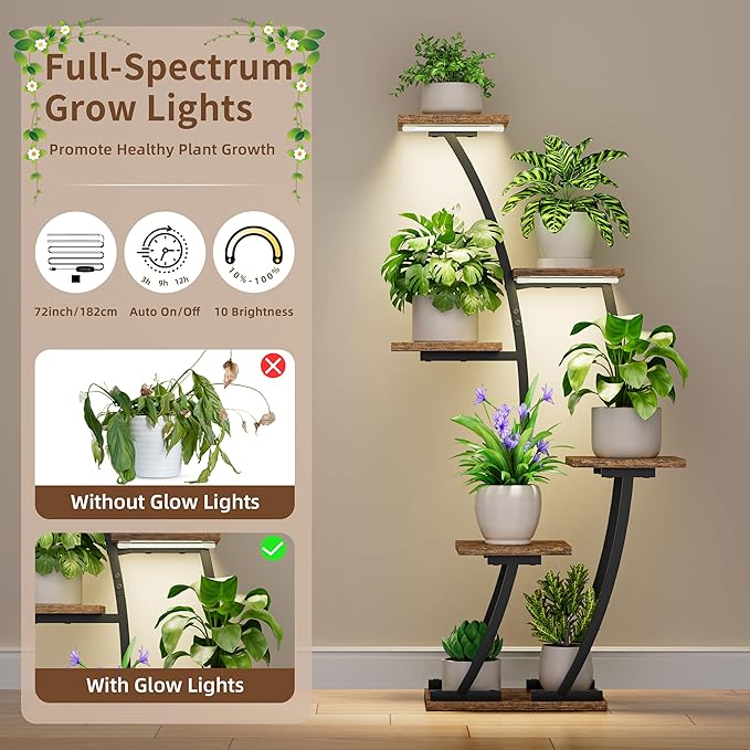 BACEKOLL Plant Stand Indoor with Grow Lights, Plant Shelf Indoor 2 Pack, Corner Plant Stands for Indoor Plants, 6 Tiered Plant Flower Display Shelf, Half-Moon Plant Rack for Home, Living Room, Black