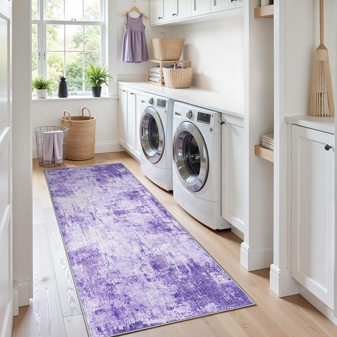 RELEANY Washable Runner 2'x6' Abstract Area Rug for Hallway Purple | Carpet for Kitchen, Entryway, Bathroom, Living Room, Bedroom, Printed Pattern, Non‑Slip, Soft, Stain‑Resistant, Easy to Clean