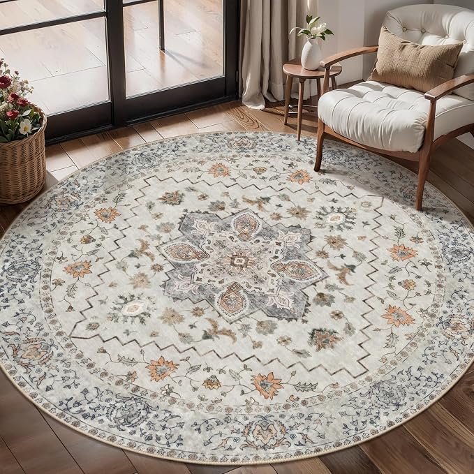 Tangsoo Vintage Round Rug 5ft, Washable Circle Rug, Non Slip Boho Round Area Rug, Low Pile Circular Rugs, Round Carpet for Bedroom,Livingroom,Nursery,Dorm,Office,Grey