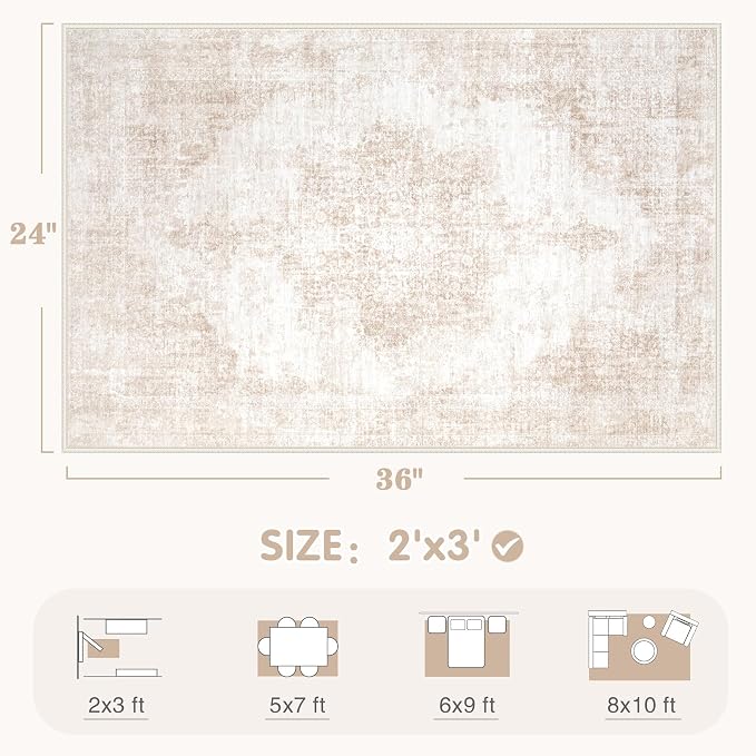 Area Rugs 8x10 Vintage Rug: Large Washable Living Room Rug Retro Medallion Distressed Rugs Soft Low Pile Non-Slip Indoor Floor Carpet for Bedroom Kitchen Nursery Dining Table Office (Beige/Brown)