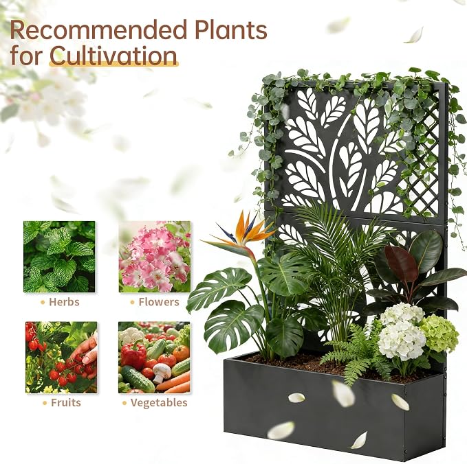 VINGLI 44" H Metal Raised Garden Bed with Trellis, Outdoor Planter Box for Climbing Vegetables, Fruits and Flowers, Privacy Screen, for Backyard, Patio, Balcony, Black (Tree)
