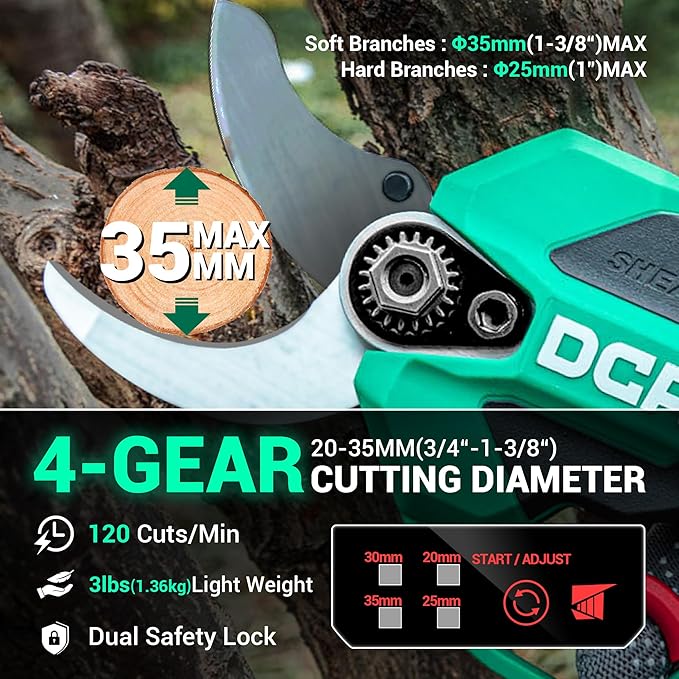 DCA Brushless 20V Battery Powered Electric Pruning Shears Cordless, 1.4" Power Pruner with SK5 High Carbon Steel Blade & 2.0Ah Batteries, Professional Tree Branch Cutter for Yard Tree Flower Trimming
