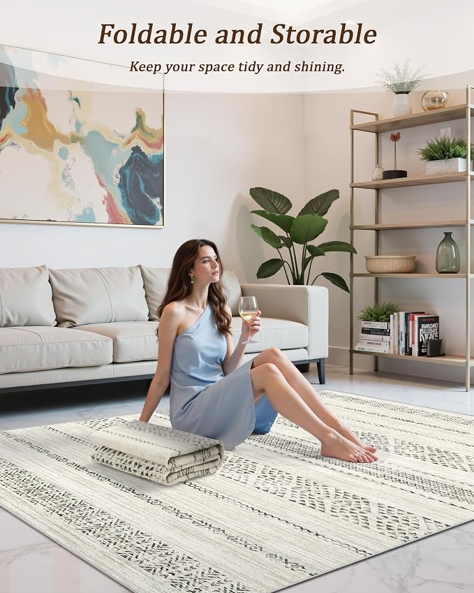 Miukiki 5x7 Washable Area Rug for Living Room, Soft Non Slip Rug Grey | Non-Slip Thin Throw Rug for Bedroom Kitchern Dining Room Office, Low Pile Indoor Floor Carpet with Vintage Pattern 5'x7'