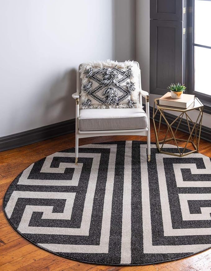 Unique Loom Athens Collection Classic Geometric Modern Border Design Area Rug (6' 0 x 6' 0 Round, Black/ Beige)