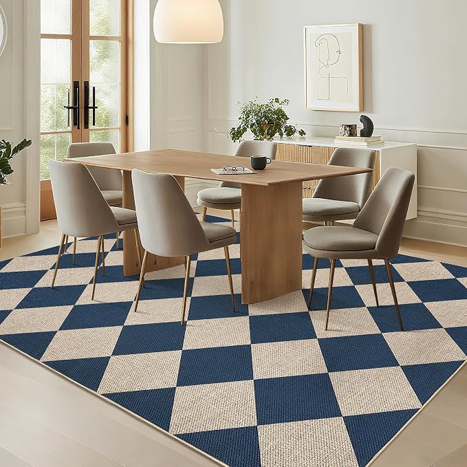 GarveeHome Checkered Easy Jute 5x7 Area Rugs for Living Room Machine Washable Non-Slip Backing Stain Resistant Modern Indoor Outdoor Rugs for Farmhouse Dining Room Patio Navy Blue