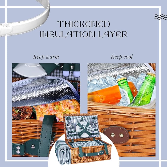 Picnic Basket Set for 4 with Waterproof Blanket Mat Insulation Bag Wicker Green Plaid Classic Cottagecore Gift for Christmas Thanksgiving Wedding Birthday Camp Outdoor Beach Travel