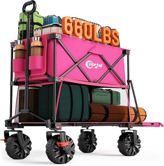 PORTAL 400L Heavy Duty Double Decker Wagon with Brakes, 54" Extra Long Extender Wagon Cart,660lb Collapsible Garden Car, All-Terrain Big Wheels for Camping, Sports, Shopping,Pink