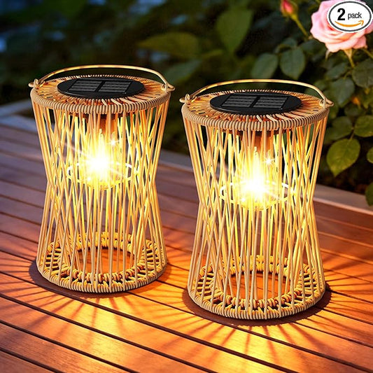 Solar Lanterns Outdoor Waterproof 2 Pack, Upgraded Rattan Hanging Solar Lights for Outside with Handle, Bright Auto On/Off Decorative Outdoor Lanterns for Patio Garden Yard Porch, Gifts for Mom