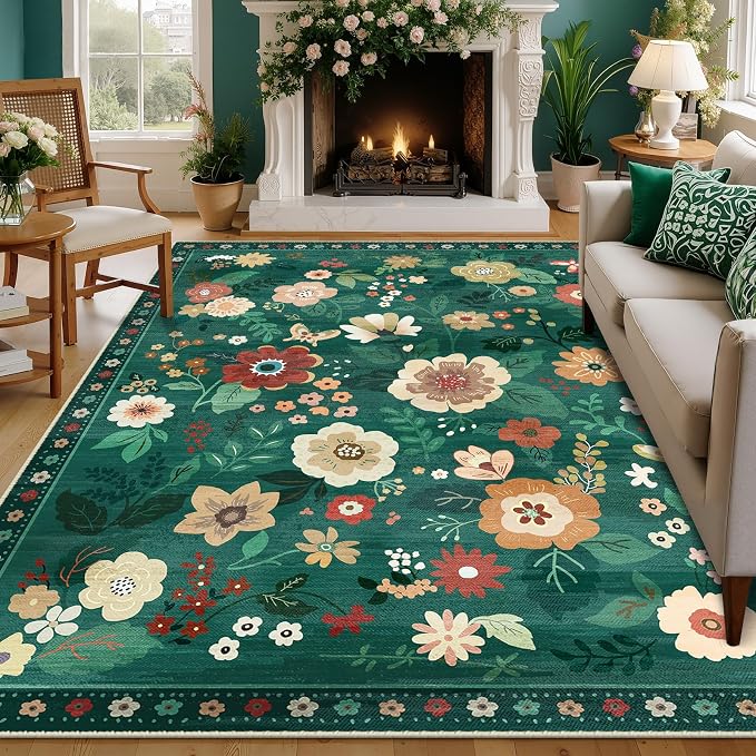 RELEANY Floral Washable 8x10 Area Rugs DarkGreen | Flower Carpet, Print, Boho, Non-Slip, Easy to Clean, Soft, Low Pile for Living Room Bedroom Kitchen Office Entryway Hallway