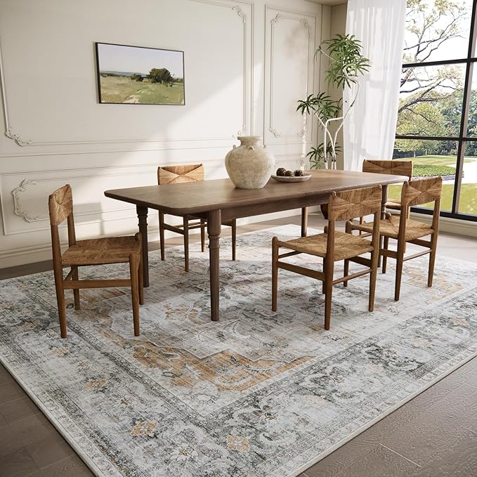Machine Washable Living Room Rug: 5x7 Area Rugs for Bedroom Non Slip Low Pile Soft Faux Wool Non Shedding Vintage Boho Carpet Rugs for Entryway Dining Room Kitchen Nursery Farmhouse Home Office Indoor