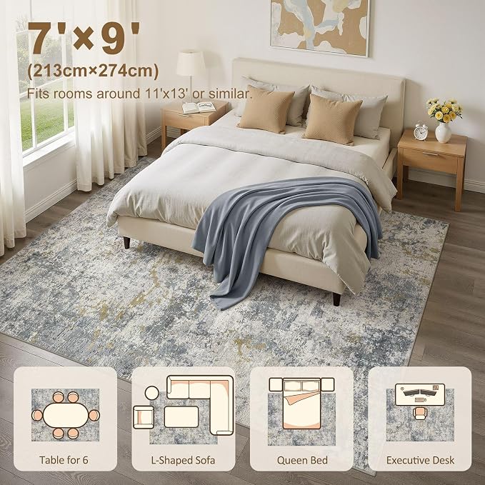 kakania Washable 7x9 Area Rug for Living Room: Abstract Modern Home Decor | Soft Stain Resistant, Low-Pile, Non-Slip, Pet & Kid Friendly, Thin Rug for Bedroom/Dining Room/Kids Dorm - Blue Grey