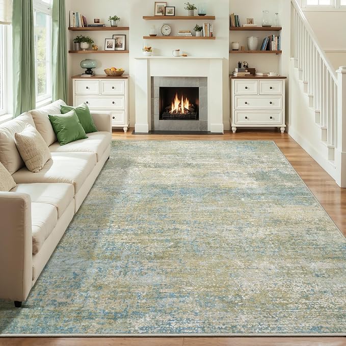 Tangsoo Abstract 6x9 Washable are Rugs for Living Room, Non Slip Large Rug | Modern Contemporary Indoor Carpet, Soft Low Pile Foldable Floor 5x7 Rug for Bedroom Dining Room Dorm Blue Beige Home Decor