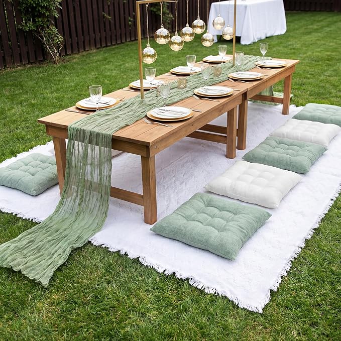8 Pcs Fit for 6 People 91 x 71'' Extra Large Outdoor Picnic Blanket with Sage Green Table Runner and Floor Pillow Cushion Fit for 6 People Picnic Wedding Birthday Baby Shower Backyard Decor