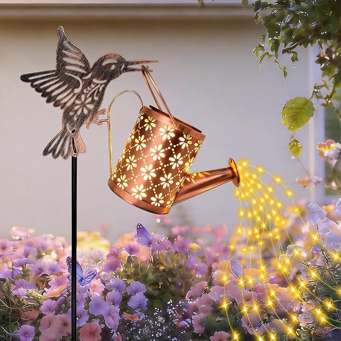 Solar Watering Can with Cascading Lights Outdoor Garden Decor, Bronze Hummingbird Gardening Gifts for Women Mom Grandma Birthday, Solar Lights for Garden Decorations Patio Yard Lawn Backyard