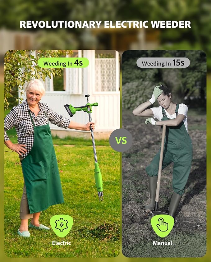 TaskStar Electric Weed Puller Tool: 21V Battery Powered w/ 2pcs 2000mAh, Heavy Duty 3-Claw Steel Root Weeder Stand-Up Remover Picker Grabber Popper, for Dandelion Lawn Garden Yard EWP001