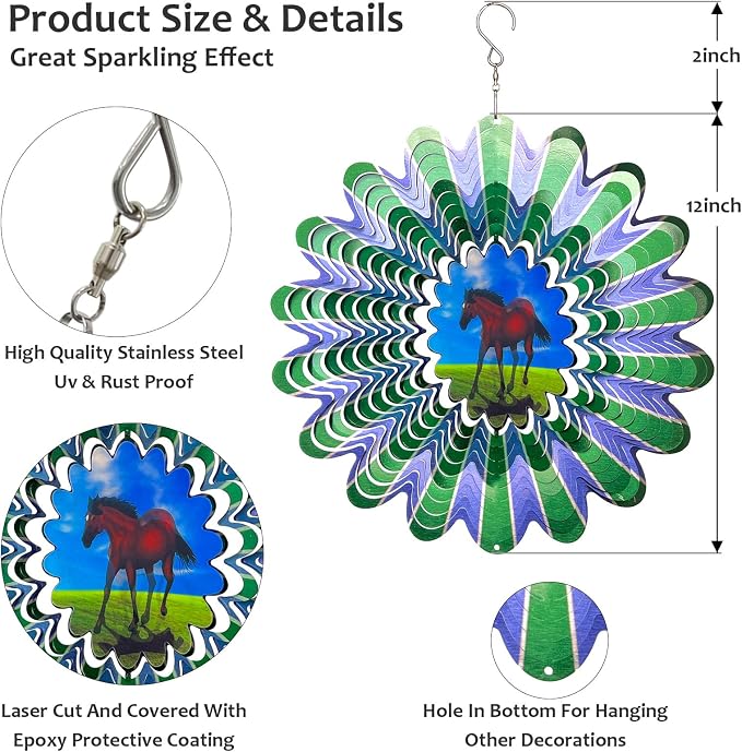 Animated Horse Wind Spinner- 3D Hanging Wind Sculptures & Catcher | 12 Inch Wind Spinners for Yard and Garden, Metal Kinetic Yard Art Outdoor Decor Memorial Gifts for Horse Lover Men Women Dad
