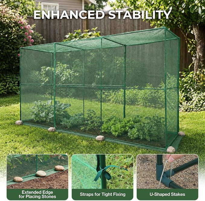 Aoodor 11x3.9x6 FT Crop Cage, Plant Protection Tent with Heavy Duty Steel Frame and Zippered Doors, Green Netting Cover for Garden, Lawn, Yard