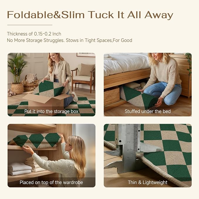 PureCozy 8x10 Checkered Easy Jute Area Rug for Living Room Large Checkerboard Washable Indoor Outdoor Carpet Farmhouse Patio Office Mat Geometric Non Slip Green Carpet for Backyard Dining Room