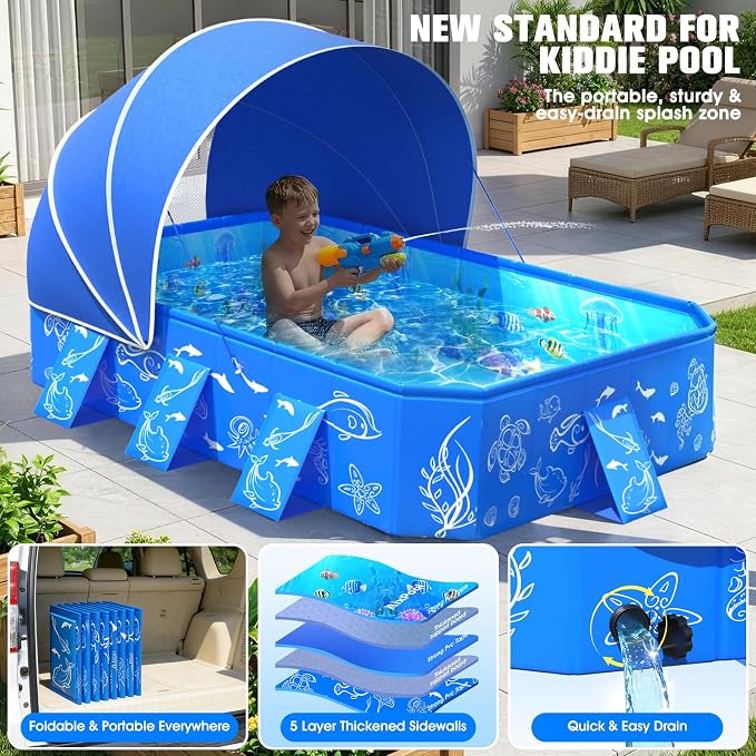 2026 Kiddie Pool with Canopy,Baby Beach Pool for Toddler53×40×33IN | Non-Inflatable Portable Pool for Kids,Foldable Toddler Pool with Shade,Kiddie Pool for Backyard,Pop Up Baby Swimming Pool