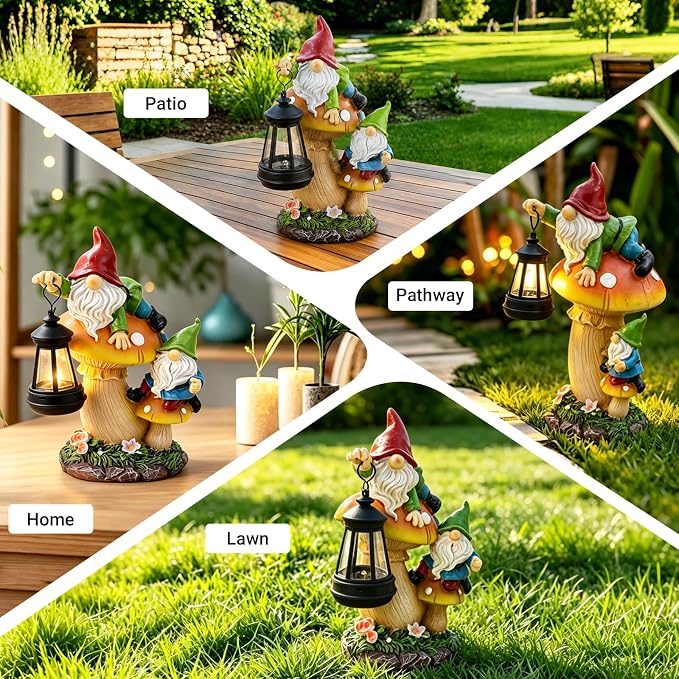 Solar Garden Gnome Statue Climbing on Mushroom with LED Lantern | Waterproof Resin Decor for Fairy Garden, Porch & Lawn, Handcrafted Funny Figurine, Unique Gift for Mom & Women