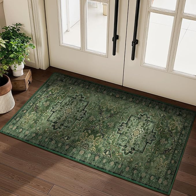 Dark Green 2x4 Entryway Small Rug, Retro Distressed Medallion Door Mat Indoor Entrance Entry Way, Washable Non Slip Low Pile Thin Runner Rug for Kitchen Floor Sink Area Bathroom