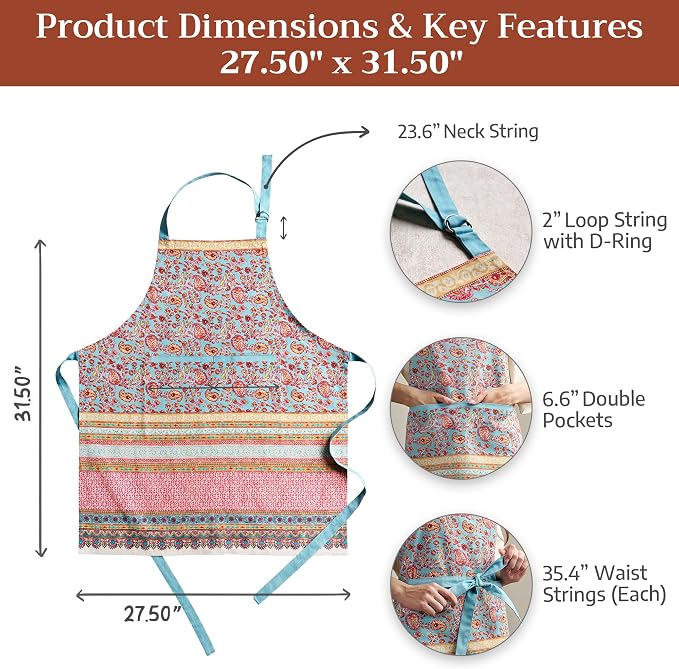Maison d' Hermine Aprons for women with Pocket 100% Cotton (27.50"x31.50") | Adjustable Neck Strap & long ties Apron Men Chef Wedding Cooking Gardening Server Maid