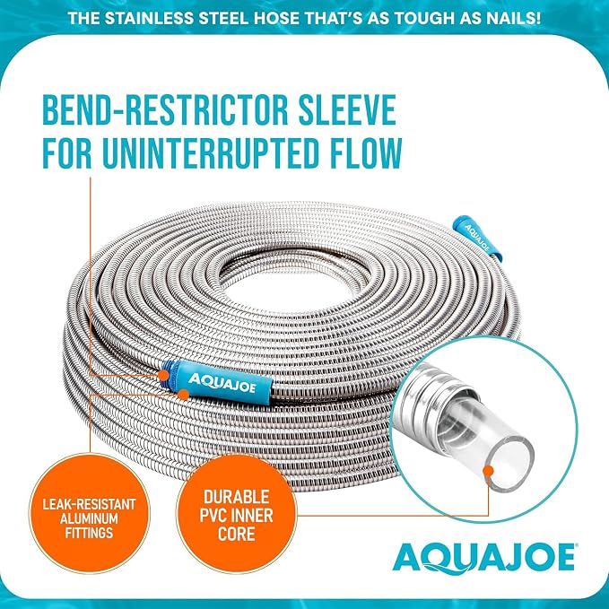 Aqua Joe AJSGH100 1/2-Inch Heavy-Duty, Puncture Proof Kink-Free, Spiral Constructed 304-Stainless Steel Metal, Garden Hose, 100-Foot