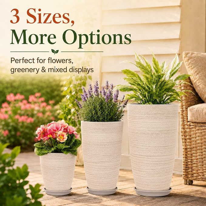 Neoaider Set of 3 Tall Planter, 24/21/12in Large Plastic Planter, OatColor | Ceramic-Look, Lightweight, Built-in Drain Hole, Saucers, Tall Outdoor Planter for Porch, Garden, Patio, Balcony