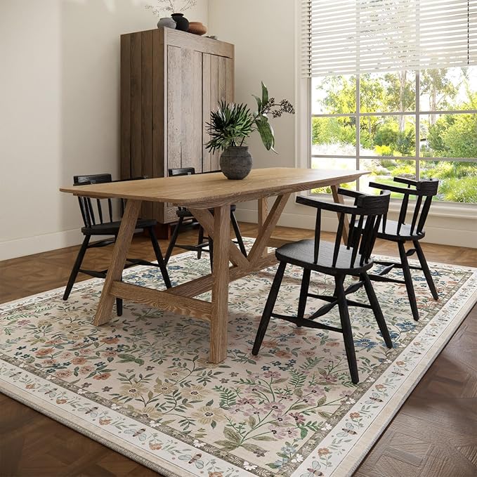 Machine Washable Rugs for Living Room: 8x10 Area Rugs for Bedroom Floral Non Slip Low Pile Soft Stain Resistant Carpet for Kitchen Dining Room Farmhouse Kids Room Nursery Indoor