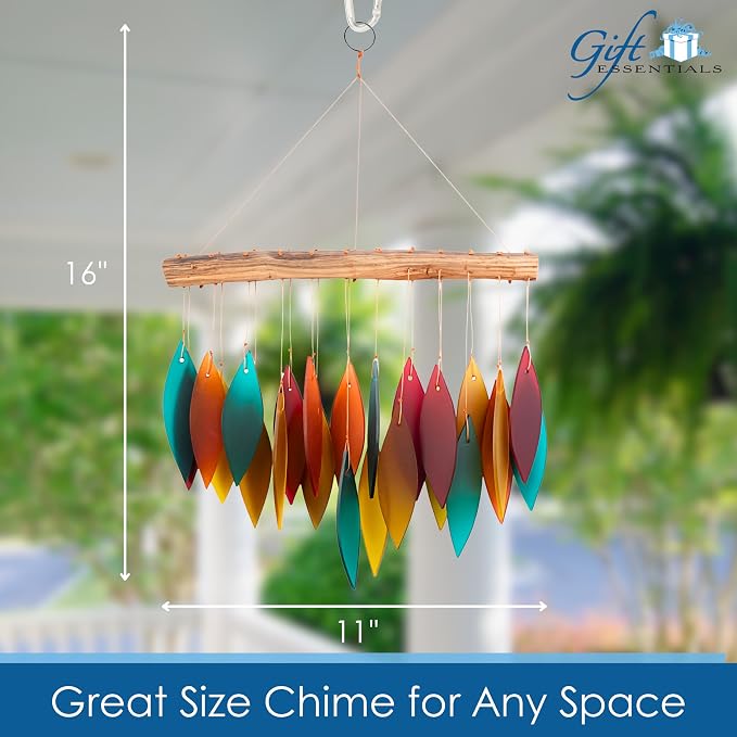 Blue Handworks Santa Fe Glass Leaves Wind Chime | Sandblasted Glass and Found Wood Handcrafted Wind Chime