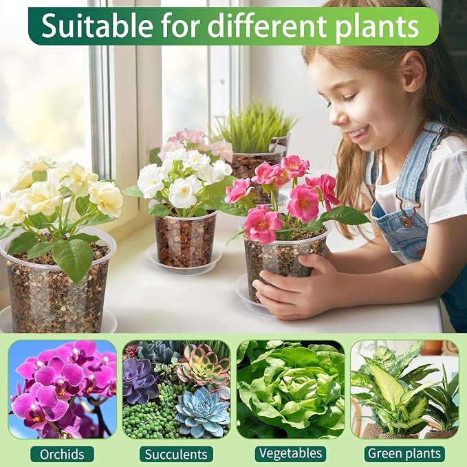 4/6/8/10 Inch Clear Nursery Pots with Drainage and Saucers, 24 Pack Clear Plant Pots, Variety Size Plastic Orchid Flower Pot for Indoor Outdoor