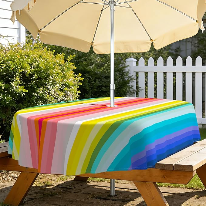 Mexico Strip Oval Outdoor Tablecloth with Umbrella Hole 60" x 102" Waterproof Zipper Table Cloth for Patio Table - Ideal Tablecloths for Picnics, Camping, and Yard Use