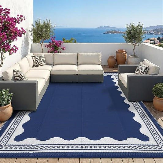 Garvee Outdoor Rug 9x12 Scalloped Waterproof Patio RV Outdoor Rugs Reversible Foldable Plastic Straw Rug Modern Camping Carpet for Deck Camper Porch Balcony Backyard Picnic Beach Dark Blue