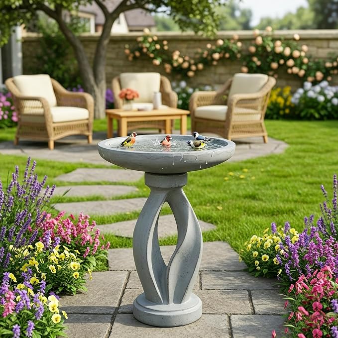 SKYFIRE 21.85 Inch Tall Pedestal Bird Bath, Fibre Reinforced Concrete Birdbath with Twisted Base, Weather Resistant & Durable Bird Bath for Garden Patio Lawn Backyard, Gray