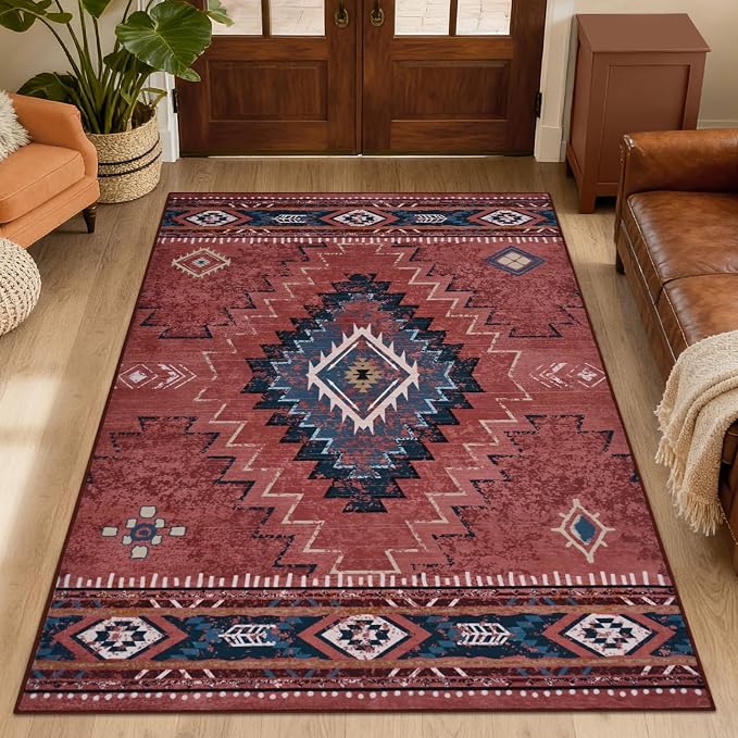 Yinhua 3x5 Entryway Rug Washable, Rust Western Area Rug Low-Pile | Non-Slip Aztec Rugs with Rubber Backing, Ultra Soft Fall Carpet Stain Resistant for Bedside Office Hallway