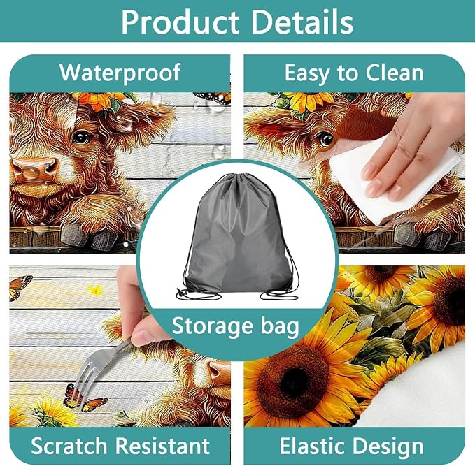 Sunflower Cow Picnic Table Cover with Bench Covers and Bag, Cute Calf Wooden Camper Waterproof Windproof, Fitted Tablecloth Cover with Elastic Edge, for Indoor & Outdoor, Garden, Camping, 30x96 Inch