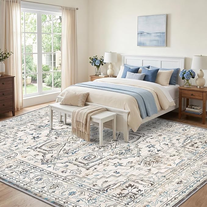 Vintage Washable Area Rug 9x12, Non-Slip Low-Pile Elegant Persian Carpet for Living Room Bedroom Dining Room, Stain Resistant Traditional Indoor Large Rug, Neutral Cream Blue