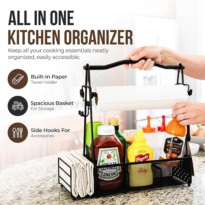 Grill Caddy for Outdoor Kitchen - Foldable Picnic Caddy for BBQ Accessories - Versatile Outdoor Kitchen Accessories Basket with Paper Roll Holder, Hooks & Compartments